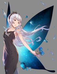 Rule 34 | 1girl, arm at side, armpit peek, bad id, bad pixiv id, bare arms, black dress, blue flower, blue rose, butterfly wings, collarbone, commentary request, cowboy shot, demon horns, dress, flower, glint, grey background, hair blowing, hanarito, head tilt, highres, holding, holding flower, honey strap, horns, insect wings, long hair, looking to the side, mole, mole under eye, nanashi inc., open mouth, orb, outstretched arm, purple eyes, rose, shards, silver hair, simple background, sketch, sleeveless, sleeveless dress, solo, sougetsu eli, standing, very long hair, virtual youtuber, wings
