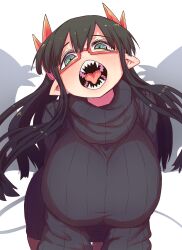 Rule 34 | 1girl, black hair, breasts, commentary request, demon girl, demon horns, demon tail, demon wings, fangs, glasses, green eyes, highres, horns, huge breasts, kneeling, looking at viewer, merii (mazohaha), musuko ga kawaikute shikatanai mazoku no hahaoya, open mouth, pointy ears, red horns, ribbed sweater, sharp teeth, simple background, smile, sweater, tail, teeth, thighs, tongue, wings, zyugoya