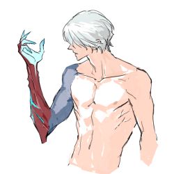 Rule 34 | 1boy, collarbone, devil may cry (series), devil may cry 4, hair over eyes, looking at hand, male focus, mlxgdog, navel, nero (devil may cry), nipples, nude, parted lips, simple background, sketch, solo, upper body, white background, white hair