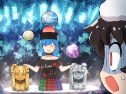 Rule 34 | 2girls, :3, ^ ^, animal ears, bamboo, bamboo forest, black shirt, blue hair, brown hair, closed eyes, clothes writing, commentary, earth (ornament), forest, head bump, hecatia lapislazuli, hecatia lapislazuli (earth), honest axe, in water, inaba tewi, moon (ornament), multicolored clothes, multicolored skirt, multiple girls, nature, off-shoulder shirt, off shoulder, open mouth, parody, plaid, plaid skirt, rabbit ears, red eyes, reisen udongein inaba, shaded face, shirosato, shirt, short hair, skirt, sparkle, standing, statue, sweatdrop, symbol-only commentary, t-shirt, touhou