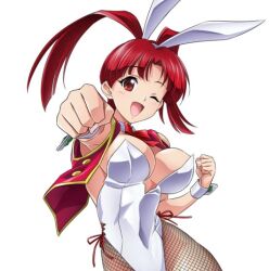 Rule 34 | 1girl, animal ears, antenna hair, ascot, breasts, commentary request, cowboy shot, detached collar, fishnet pantyhose, fishnets, foreshortening, kimura takahiro (person), large breasts, leotard, long hair, one eye closed, pantyhose, playboy bunny, punching, rabbit ears, red ascot, red eyes, red hair, red vest, simple background, smile, solo, strapless, strapless leotard, tsunashima shirou, utsugi mikoto, vest, white background, white leotard, wrist cuffs, yuusha ou gaogaigar, yuusha series