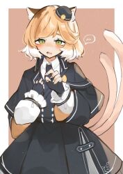Rule 34 | 1girl, andou yuna, animal ear fluff, animal ears, arknights, black dress, black gloves, black hat, black necktie, blonde hair, blush, border, brown background, brown tail, cat ears, cat girl, cat tail, collared dress, collared shirt, commentary request, commission, cowboy shot, dress, embarrassed, eyes visible through hair, fang, fingerless gloves, fingernails, frilled sleeves, frills, gloves, green eyes, hand on own chest, hat, jpeg artifacts, long fingernails, long sleeves, looking at viewer, mousse (arknights), multicolored hair, multiple tails, necktie, open mouth, outside border, sharp fingernails, shirt, short hair, skeb commission, slit pupils, solo, spoken blush, standing, streaked hair, tail, tail raised, two tails, wavy mouth, white border, white hair, white shirt, wide sleeves