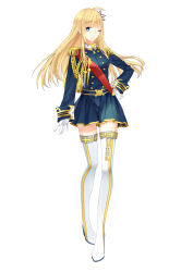 Rule 34 | 1girl, absurdres, ahoge, aiguillette, alternate costume, blonde hair, blue eyes, boots, doku kobuko, epaulettes, flower, glasses, gloves, hair flower, hair ornament, hand on own hip, highres, hood (warship girls r), long hair, looking at viewer, military, military uniform, one eye closed, sash, simple background, skirt, smile, solo, thigh boots, thighhighs, uniform, warship girls r, white background, white footwear, white gloves, white thighhighs