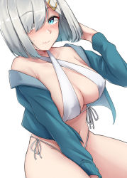 Rule 34 | 1girl, absurdres, bikini, bikini under clothes, blue eyes, blue jacket, blush, breasts, cleavage, collarbone, criss-cross halter, hair ornament, hairclip, halterneck, hamakaze (kancolle), highres, jacket, kantai collection, kiritto, large breasts, looking at viewer, open clothes, open jacket, short hair, side-tie bikini bottom, silver hair, simple background, smile, solo, swimsuit, white background, white bikini