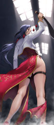 Rule 34 | 1girl, ass, bangle, black hair, black lagoon, bracelet, breasts, china dress, chinese clothes, dress, flats, hair tubes, highres, holding, holding sword, holding weapon, jacket, jewelry, kneepits, knife, kukri, large breasts, long dress, long hair, looking at viewer, looking back, low ponytail, panties, red dress, red footwear, red panties, reverse grip, shenhua, side-tie panties, side slit, solo, standing, sword, underwear, weapon, white jacket, yoshio (55level)