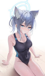 Rule 34 | 1girl, absurdres, animal ear fluff, animal ears, arm support, bare shoulders, black one-piece swimsuit, blue archive, blue eyes, blue halo, blush, breasts, cleavage, closed mouth, clothing cutout, collarbone, covered navel, extra ears, grey hair, hair ornament, halo, highres, light smile, looking at viewer, medium breasts, mismatched pupils, multicolored clothes, multicolored swimsuit, official alternate costume, official alternate hairstyle, one-piece swimsuit, ponytail, rable, revision, shiroko (blue archive), shiroko (swimsuit) (blue archive), short ponytail, simple background, sitting, smile, solo, swimsuit, thighs, white background, wolf ears, wolf girl