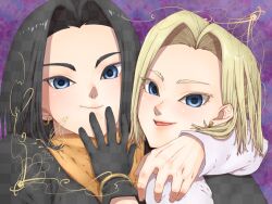 Rule 34 | 1boy, 1girl, android 17, android 18, black gloves, black hair, blonde hair, blue eyes, bracelet, brother and sister, close-up, closed mouth, dragon ball, dragonball z, earrings, gloves, hand on another&#039;s face, hand on another&#039;s shoulder, jewelry, looking at viewer, medium hair, open mouth, orange scarf, scarf, shiranagi chiyuki, siblings, smile, twins
