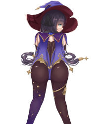 Rule 34 | 1girl, absurdres, artist request, ass, black hair, cameltoe, cape, detached sleeves, elbow gloves, embarrassed, from behind, genshin impact, gloves, gradient hair, green eyes, hair ornament, hair ribbon, hat, highres, leotard, long hair, looking at viewer, looking back, mona (genshin impact), multicolored hair, purple hair, ribbon, shiny clothes, solo, thighlet, twintails, very long hair