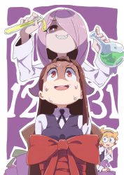 Rule 34 | 3girls, bound, bright pupils, brown hair, collared shirt, commentary request, freckles, glasses, grey shirt, grin, hair over one eye, hairband, hand to own mouth, highres, kagari atsuko, little witch academia, long hair, long sleeves, multiple girls, neck ribbon, nervous smile, pac-man eyes, purple hair, purple ribbon, purple vest, red eyes, restrained, ribbon, round teeth, sharp teeth, shirt, sitting, smile, sucy manbavaran, sweatdrop, tama (tama-s), teeth, tied up (nonsexual), vest, vial, wing collar, worried