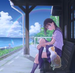 Rule 34 | 1girl, aki yamaji01, animal, bench, black hair, blue eyes, blue sailor collar, blue skirt, blue socks, bow, bowtie, bush, cat, closed mouth, cloud, cloudy sky, crossed legs, dated, day, dot mouth, ghost, grass, highres, hugging own legs, looking at another, medium hair, on bench, original, pleated skirt, railroad tracks, rainbow, red bow, red bowtie, sailor collar, school uniform, serafuku, shirt, signature, sitting, skirt, sky, socks, solo, water, white shirt