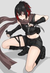 Rule 34 | 1girl, absurdres, bare shoulders, black footwear, black gloves, black hair, black shirt, black shorts, boots, brown scarf, closed mouth, crop top, dual wielding, elbow gloves, fingerless gloves, flat chest, floating scarf, fuku (fuku12290574), gloves, grey background, hair between eyes, highres, holding, holding knife, holster, karambit, knee boots, knife, legs apart, looking at viewer, medium hair, midriff, multicolored hair, navel, on one knee, original, red eyes, red hair, scarf, serious, shadow, shirt, short shorts, shorts, sidelocks, simple background, sleeveless, sleeveless shirt, solo, thigh holster, thigh strap, thighs, two-tone hair, v-shaped eyebrows