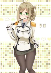 Rule 34 | 10s, 1girl, :&gt;, black pantyhose, black skirt, breasts, brown hair, buttons, collared shirt, double-breasted, epaulettes, folded ponytail, glasses, green eyes, heart, heart-shaped pupils, kantai collection, katori (kancolle), large breasts, looking at viewer, military, military uniform, miniskirt, necktie, pantyhose, parted bangs, pointer, shirt, skirt, skirt hold, smile, solo, sotogawa max, symbol-shaped pupils, thigh gap, uniform
