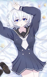 Rule 34 | 1girl, absurdres, arms up, bed sheet, black sailor collar, blue dress, blue eyes, commentary, dress, english commentary, flower, highres, konno junko, loafers, looking at viewer, low twintails, lying, namo pic, necktie, on back, sailor collar, shoes, solo, twintails, white hair, white necktie, zombie land saga