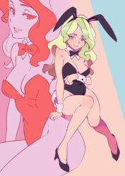 Rule 34 | 10s, 1girl, animal ears, bad id, bad twitter id, bare legs, black leotard, blonde hair, blue eyes, bokujoukun, bow, bowtie, breast hold, breasts, cleavage, covered navel, detached collar, diana cavendish, fake animal ears, green hair, hairband, high heels, large breasts, leotard, little witch academia, multicolored hair, multiple views, playboy bunny, projected inset, protected link, rabbit ears, rabbit tail, red leotard, sitting, smile, swept bangs, tail, two-tone hair, wrist cuffs