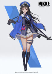 Rule 34 | 1girl, belt, black hair, boots, breasts, brown eyes, buttons, commentary request, copyright name, cross-laced footwear, diesel (nikke), dramz, earrings, full body, gloves, goddess of victory: nikke, gradient background, gun, hand up, highres, holster, jacket, jacket on shoulders, jewelry, knee boots, lace-up boots, light machine gun, logo, long hair, long sleeves, looking at viewer, medium breasts, official art, open mouth, rpk-74, simple background, smile, solo, standing, teeth, thigh holster, thighs, upper teeth only, weapon, white gloves