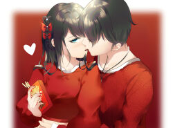 Rule 34 | 1boy, 1girl, blue eyes, blurry, blurry background, bow, brown hair, closed eyes, food, food in mouth, hair bow, heart, hetero, highres, holding, holding food, jewelry, long hair, long sleeves, looking at viewer, n0va desktop, necklace, pocky, pocky kiss, red background, red bow, red sweater, rhea (0u0), shared food, short hair, sweater, tareme, valentine, yoyo lumi