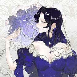 Rule 34 | 1girl, black hair, breasts, cleavage, commission, diamond (shape), dress, drop earrings, earrings, flower, forehead, gem, hand up, highres, jewelry, light particles, long hair, looking at viewer, makeup, mallllma, medium breasts, original, profile, puffy short sleeves, puffy sleeves, purple dress, purple eyes, purple flower, purple gemstone, rose, short sleeves, signature, smile, solo, upper body, veil, white background