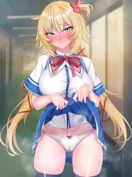 Rule 34 | 1girl, absurdres, akai haato, akai haato (1st costume), black thighhighs, blonde hair, blue eyes, blush, breasts, clothes lift, collared shirt, hair ornament, hair ribbon, heart, heart hair ornament, highres, hololive, large breasts, lifting own clothes, looking at viewer, panties, red ribbon, ribbon, seisui bar, shirt, side ponytail, skirt, skirt lift, smile, solo, thighhighs, twintails, underwear, virtual youtuber, white panties, white shirt