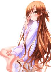 Rule 34 | 10s, 1girl, asuna (sao), bad id, bad pixiv id, barefoot, blouse, blush, braid, brown eyes, brown hair, feet, hand on own face, highres, long hair, looking back, naked shirt, one eye closed, open mouth, panties, reflective floor, see-through, see-through silhouette, shirt, simple background, sitting, soles, solo, sword art online, swordsouls, tears, toes, underwear, very long hair, wariza, white background, white shirt, wink