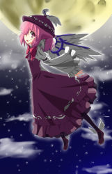 Rule 34 | 1girl, animal ears, bad id, bad pixiv id, bow, dress, female focus, flying, hat, highres, moon, mystia lorelei, night, outstretched arms, pink eyes, pink hair, shoes, short hair, sky, solo, spread arms, star (sky), star (symbol), starry sky, touhou, urimono, winged footwear, wings