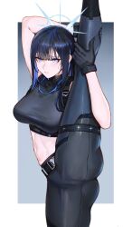Rule 34 | 1girl, absurdres, arm up, black gloves, black hair, black sports bra, blue archive, blue eyes, blue hair, border, breasts, closed mouth, duplicate, gloves, grey background, halo, highres, iuui, large breasts, long hair, long sleeves, looking at viewer, midriff, navel, pants, saori (blue archive), solo, split, sports bra, standing, standing on one leg, standing split, white border, yoga pants