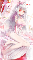 Rule 34 | 1girl, animal ears, between breasts, blush, breasts, bridal veil, bride, cleavage, dk.senie, dress, elbow gloves, feet, gloves, highres, jewelry, large breasts, long hair, looking at viewer, no shoes, original, pantyhose, recording, red eyes, ring, silver hair, sitting, solo, tears, toes, veil, wedding band, wedding dress, white pantyhose