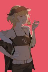 Rule 34 | 1girl, :d, arknights, bandeau, bare shoulders, belt, black jacket, blonde hair, blush, breasts, cake, camisole, closed eyes, clothes writing, commentary, cowboy shot, croissant (arknights), food, fruit, fur-trimmed jacket, fur trim, gloves, hand on own hip, hand up, highres, holding, holding spoon, horns, jacket, kosuke (camaoooo), long hair, low ponytail, medium breasts, midriff, navel, off shoulder, open clothes, open jacket, open mouth, red background, sidelocks, simple background, smile, solo, spaghetti strap, sparkle, spoon, standing, stomach, strawberry, translated, visor cap, white belt, white gloves