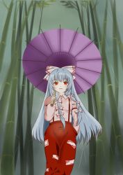 Rule 34 | 1girl, armband, bamboo, bamboo forest, blue hair, forest, fujiwara no mokou, grey background, hair ribbon, hand in pocket, highres, juliet sleeves, long hair, long sleeves, looking at viewer, matori (lotr), nature, ofuda, oil-paper umbrella, open mouth, pants, puffy sleeves, rain, red eyes, ribbon, sidelocks, solo, suspenders, touhou, umbrella, very long hair