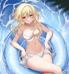 Rule 34 | 1girl, ahoge, anientte, artist name, bare arms, bikini, bikini skirt, blonde hair, blue nails, blush, breasts, bright pupils, cleavage, closed mouth, crossed legs, elbow rest, from above, front-tie top, genshin impact, highres, large breasts, leaning back, lumine (genshin impact), nail polish, navel, short hair with long locks, sitting, solo, stomach, strap gap, strapless, strapless bikini, swimsuit, thighs, water, white bikini, white pupils, yellow eyes