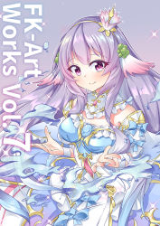 Rule 34 | 1girl, blue bow, bow, brooch, closed mouth, detached collar, dress, dress bow, ennishi, flower knight girl, gradient background, hair ornament, jewelry, long hair, looking at viewer, nemunoki (flower knight girl), pink background, purple background, purple eyes, purple hair, simple background, smile, solo, water