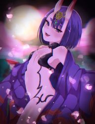 Rule 34 | 1girl, :d, bare shoulders, blurry, blurry background, blush, breasts, chromatic aberration, commentary request, cup, depth of field, fangs, fate/grand order, fate (series), gaota, head tilt, highres, holding, horns, japanese clothes, kimono, long hair, off shoulder, oni, open clothes, open kimono, open mouth, petals, print kimono, purple eyes, purple hair, purple kimono, revealing clothes, sakazuki, shuten douji (fate), skin-covered horns, small breasts, smile, solo, thick eyebrows
