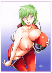 Rule 34 | 1girl, absurdres, aina saharin, blue eyes, blush, bodysuit, breasts, earrings, female focus, gradient background, green hair, gundam, gundam 08th ms team, helmet, highres, homare (fool&#039;s art), jewelry, kon-kit, large breasts, looking at viewer, nipples, open clothes, parted lips, pilot suit, pulling, short hair, signature, simple background, smile, solo, sweat, undressing