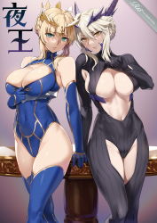Rule 34 | 2girls, ahoge, arm support, artoria pendragon (fate), artoria pendragon (lancer) (fate), artoria pendragon (lancer alter) (fate), blonde hair, bodysuit, breasts, cleavage, crown, dual persona, elbow gloves, fate/grand order, fate (series), gloves, green eyes, hair ornament, japanese text, large breasts, leotard, looking at viewer, multiple girls, navel, revealing clothes, table, thighhighs, yellow eyes