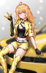 Rule 34 | 1girl, absurdres, ahoge, amputee, blonde hair, breasts, car, cleavage, highres, large breasts, long hair, looking at viewer, midriff, motor vehicle, navel, parted lips, prosthesis, prosthetic arm, purple eyes, rwby, sitting, smile, solo, yang xiao long