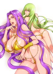 Rule 34 | 1girl, 1other, androgynous, ass, breasts, enkidu (fate), fangs, fate/grand order, fate (series), food in mouth, forehead, gorgon (fate), green hair, kingu (fate), large breasts, long hair, medusa (fate), medusa (rider) (fate), moopiekun, popsicle, popsicle in mouth, purple eyes, purple hair, rider, sharp teeth, simple background, teeth, thighs