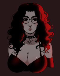 Rule 34 | 1girl, absurdres, black collar, black eyeshadow, black hair, breasts, cleavage, collar, collarbone, commentary, cropped torso, curly hair, english commentary, eyeshadow, glasses, goth fashion, highres, large breasts, lip piercing, lip ring, makeup, mole, mole under eye, nose piercing, nose ring, piercing, raven nemore, real life, red eyes, self-portrait, solo, upper body