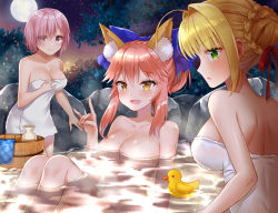 Rule 34 | 10s, 3girls, ahoge, animal ears, blonde hair, blush, breasts, cleavage, collarbone, eyes visible through hair, fate/extra, fate/extra ccc, fate/grand order, fate (series), fox ears, fox shadow puppet, full moon, green eyes, hair over one eye, hair ribbon, in water, large breasts, light purple hair, looking to the side, mash kyrielight, moon, multiple girls, naomi (fantasia), nature, nero claudius (fate), nero claudius (fate) (all), nero claudius (fate/extra), onsen, open mouth, outdoors, pink hair, purple eyes, ribbon, rubber duck, short hair, star (sky), star (symbol), tail, tamamo (fate), tamamo no mae (fate/extra), wading, yellow eyes