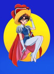 Rule 34 | 1girl, absurdres, beni (karen5915), blue background, brown eyes, cape, earrings, eyelashes, gloves, hat, high heels, highres, jewelry, juliet sleeves, long sleeves, open mouth, pantyhose, princess sapphire, puffy sleeves, rapier, red cape, ribbon no kishi, short hair, smile, solo, sword, weapon, white footwear, white gloves, white pantyhose, yellow hat