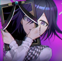 Rule 34 | 1boy, black background, black jacket, blood, blue hair, checkered clothes, checkered scarf, commentary request, danganronpa (series), danganronpa v3: killing harmony, grey background, hair between eyes, holding, huyuharu0214, iei, jacket, long sleeves, looking at viewer, male focus, multicolored background, oma kokichi, pink background, pink blood, portrait, purple hair, scarf, short hair, simple background, solo, split theme, sweat, upper body