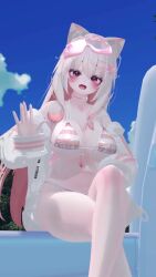 Rule 34 | 1girl, 3d, animated, bikini, bouncing breasts, breasts, cleavage, highres, large breasts, long hair, looking at viewer, multicolored hair, outdoors, pink hair, purple eyes, sitting, smile, solo, swimsuit, tagme, thighs, video, vrchat, waving, white hair
