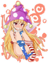 Rule 34 | 1girl, american flag dress, american flag legwear, blonde hair, blush, clothes pull, clownpiece, collar, fairy wings, frilled collar, frilled shirt collar, frills, grin, hat, highres, jester cap, long hair, looking at viewer, naughty face, panties, pantyhose, pantyhose pull, polka dot, red eyes, sanagi (diohazard), simple background, sitting, smile, solo, star (symbol), striped clothes, striped pantyhose, teeth, touhou, underwear, undressing, white panties, wings