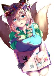 Rule 34 | 1girl, animal ears, apron, blonde hair, blue apron, blue eyes, blue flower, blue rose, blush, book, braid, breasts, collarbone, collared shirt, commission, drill hair, drill sidelocks, flower, flower wreath, fox ears, fox girl, fox tail, green shirt, hair between eyes, hair bun, hair flower, hair ornament, holding, holding book, indie virtual youtuber, kitsune, kneeling, koromo naruru, large breasts, long hair, multicolored hair, open book, open mouth, pink flower, red flower, red rose, rose, shirt, sidelocks, skeb commission, solo, strap slip, streaked hair, tail, tetranono, virtual youtuber, white flower, white hair