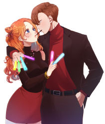 Rule 34 | 1boy, 1girl, absurdres, arm around shoulder, bad id, bad pixiv id, belt, black sleeves, blue eyes, blush, bracelet, braid, brown hair, eye contact, food, glowstick, hand in pocket, hetero, highres, jewelry, looking at another, necklace, orange hair, original, pocky, pocky day, pocky kiss, red shirt, red skirt, semi852, shared food, shirt, simple background, skirt, white background