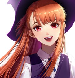 Rule 34 | 10s, 1girl, :d, brown hair, hat, kagari atsuko, little witch academia, long hair, looking at viewer, open mouth, qi kou, red eyes, school uniform, sidelocks, smile, solo, teeth, white background, witch hat