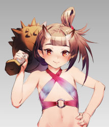 Rule 34 | 1girl, bare shoulders, blunt bangs, blush, brown hair, chyko, club, club (weapon), commentary request, flat chest, hair rings, hand on own hip, highres, holding, holding weapon, horns, kanabou, long hair, looking at viewer, navel, o-ring, o-ring top, oni, oni horns, original, pointy ears, red eyes, side ponytail, simple background, single horn, smile, solo, weapon