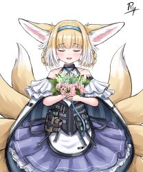 Rule 34 | 1girl, :d, absurdres, animal ear fluff, animal ears, apron, arknights, bare shoulders, blonde hair, blue hairband, blush, bouquet, braid, closed eyes, commentary, english commentary, facing viewer, flower, fox ears, fox girl, fox tail, hair rings, hairband, highres, holding, holding bouquet, infection monitor (arknights), kitsune, lily of the valley, material growth, multicolored hair, name connection, object namesake, open mouth, oripathy lesion (arknights), pink flower, pleated skirt, purple skirt, rylaera, shirt, signature, simple background, skirt, smile, solo, suzuran (arknights), tail, twin braids, two-tone hair, white apron, white background, white flower, white hair, white shirt