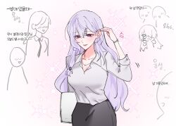 9_(hcl9fg) acheron_(honkai:_star_rail) black_swan_(honkai:_star_rail) blush brushing_hair chibi collared_shirt hair_between_eyes half-closed_eyes holding holding_paper honkai:_star_rail honkai_(series) implied_yuri jewelry long_hair multicolored_eyes necklace paper pencil_skirt people pink_hair pink_lips shirt skirt sparkle upper_body watch white_background white_shirt wristwatch