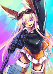 Rule 34 | 1girl, ahoge, arm up, bird tail, blonde hair, blue eyes, breasts, collarbone, colorful, flying, goggles, goggles on head, gun, hanna-justina marseille, head wings, holding, holding weapon, huge ahoge, jacket, large breasts, long hair, long sleeves, military, military uniform, miniskirt, open mouth, pleated skirt, rapan, skirt, smile, solo, strike witches, striker unit, tail, tsurime, uniform, very long hair, weapon, white skirt, wings, witches of africa, world witches series