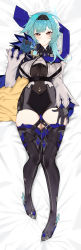 Rule 34 | 1girl, absurdres, bed sheet, black gloves, black hairband, black thighhighs, blue gloves, blue hair, blue necktie, blush, brashear lushert, closed mouth, clothing cutout, dakimakura (medium), eula (genshin impact), feathers, genshin impact, gloves, hairband, hand under clothes, highres, incredibly absurdres, light blue hair, long hair, looking at viewer, lying, multicolored clothes, multicolored eyes, multicolored gloves, necktie, on back, orange eyes, pink lips, purple eyes, see-through, shiny skin, shoulder cutout, skindentation, solo, thighhighs, thighs, two-tone gloves, vision (genshin impact), yellow eyes