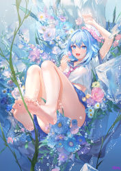 Rule 34 | 1girl, :d, arm up, artist name, atdan, bare legs, barefoot, blue eyes, blue flower, blue hair, blue sailor collar, blue skirt, breasts, commentary, duplicate, english commentary, feet, flower, full body, hair between eyes, haiyi, hand up, highres, holding, holding flower, ice, ice cube, legs, looking at viewer, medium hair, necktie, open mouth, pink flower, pink necktie, pixel-perfect duplicate, purple flower, sailor collar, school uniform, serafuku, shirt, short sleeves, skirt, smile, soles, solo, synthesizer v, thighs, toes, underwater, white flower, white shirt